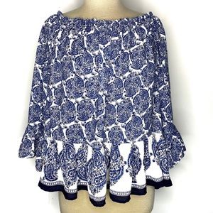 OVI Blue Paisley On or Off Shoulder Peplum Blouse